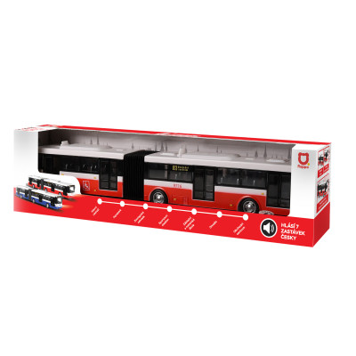 Kĺbový autobus ktorý hlási zastávky česky 36 cm červený