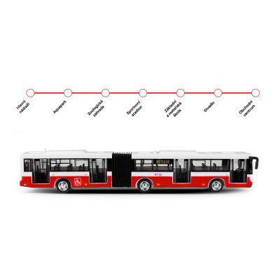 Kĺbový autobus ktorý hlási zastávky česky 36 cm červený