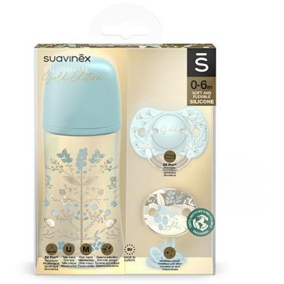 Gold set láhev 270ml + dudlík fyziologický 0/6 + klip gold - Modrá