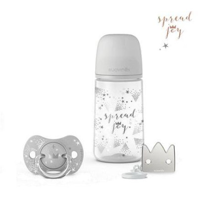 SUAVINEX | SADA FĽAŠA 270ml + cumlík fyziologický 0/6m + klip JOY - strieborná