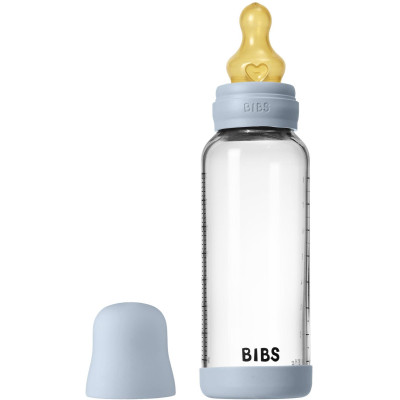 BIBS antikoliková sklenená fľaša s kaučukovým cumlíkom 240ml - Baby Blue