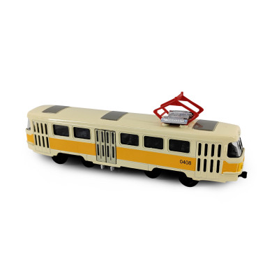 Kovová česká retro tramvaj žlutá 16 cm se světlem a zvukem