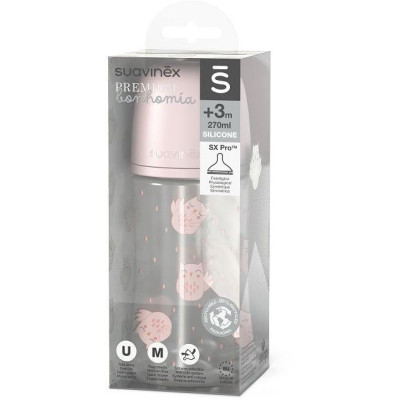 SUAVINEX | Fľaša BONHOMIA 270 ml fyziologická SX PRO +3 MF - ružová